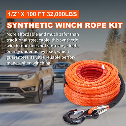 Synthetic Winch Rope Kit 1/4" x 50ft with Protective Sleeve and Heavy Duty Hook T461