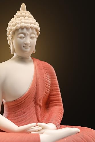 White Buddha Statue with Green Artificial Tree and LED Circle Table Lamp, Indoor Ceramic Home Decor, 16.5 in F350