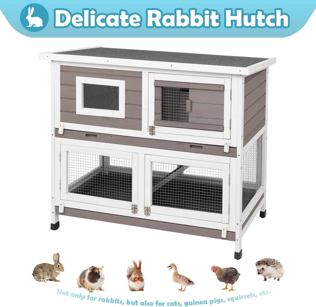 Rabbit Hutch Indoor Outdoor Bunny Cage on Wheels Two Story Weatherproof with 2 No Leak Trays E4948