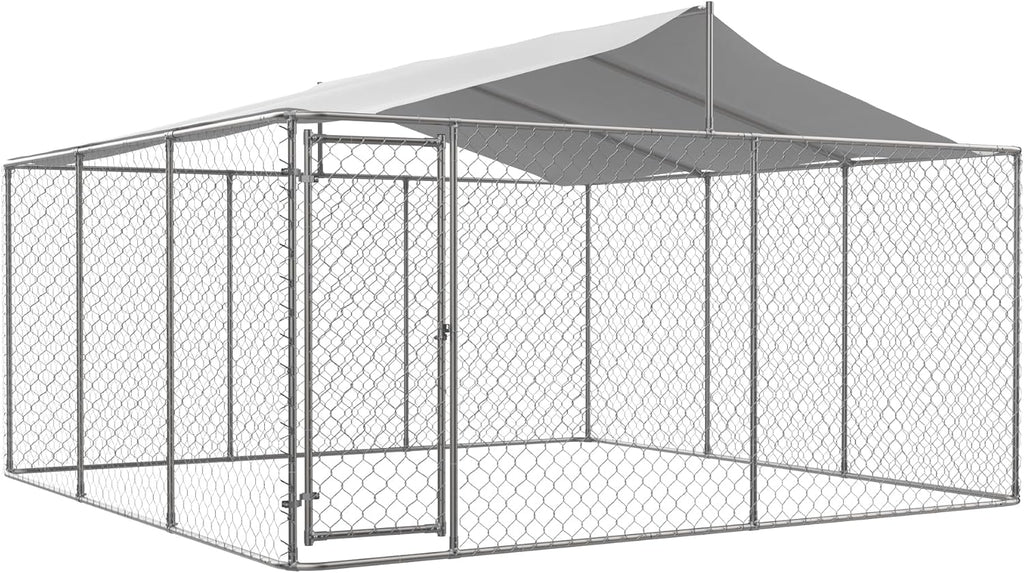 Large Outdoor Dog Kennel with Roof, Chain Link Enclosure Pen Dogs Cage Fence House with Lock, Anti Rust Weather Resistant Galvanized Steel for Backyard, 177.6 x 177.6 x 91.2 Inch