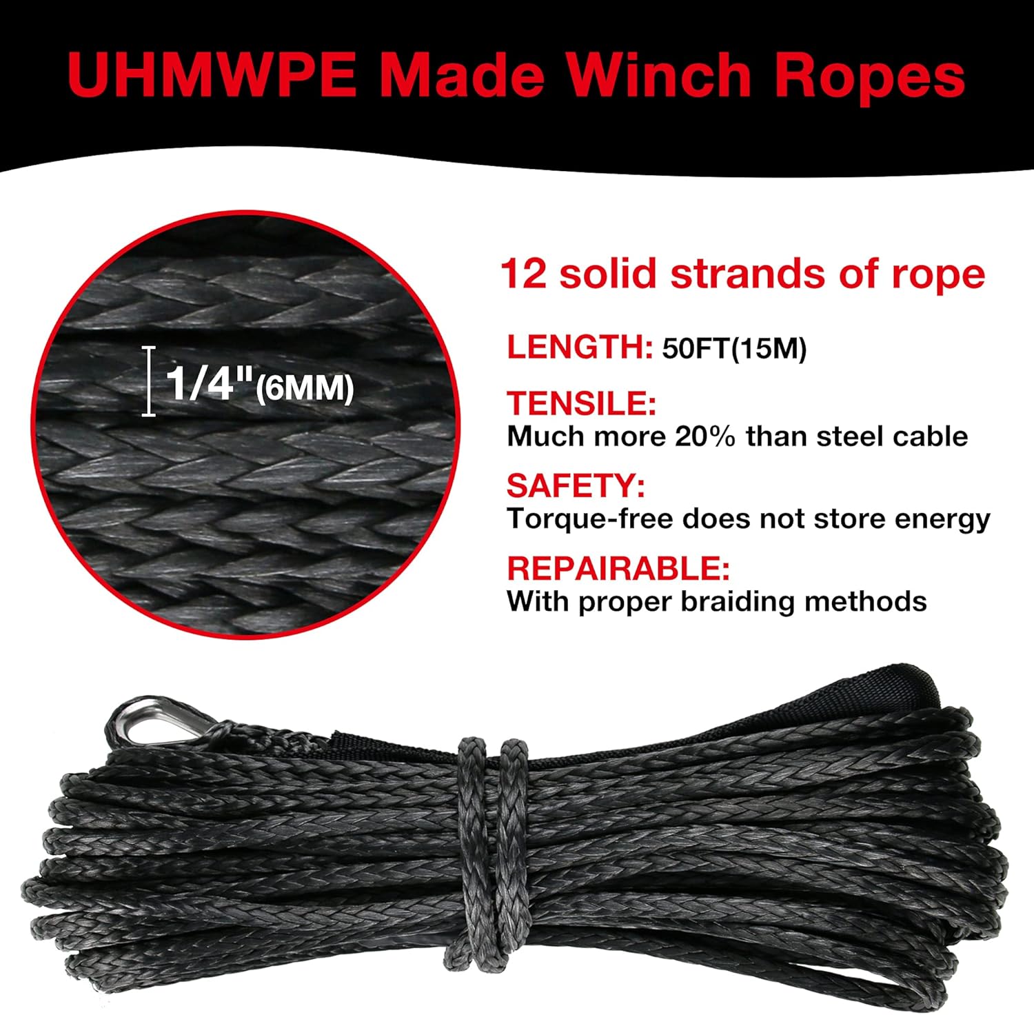 1/4" Synthetic Winch Rope 50 Ft Black Heavy Duty 10000 lb with Steel Hook and Thimble O7298