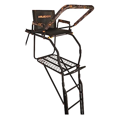 Muddy MLS1550 Skybox Deluxe 20' Tall Single Steel Ladder Tree Stand with Adjustable Padded Shooting Rail for Big Game & Hunting