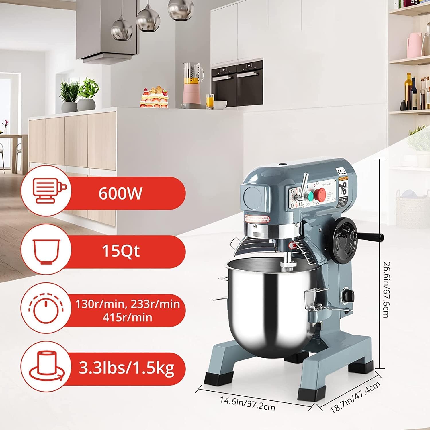 Food Mixer 15QT with Stainless Steel Bowl for Bakeries Restaurants G52443