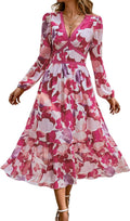 Women's V Neck Long Sleeve Wrap Maxi Dress A Line Empire Waist Fall Wedding Guest Party Casual Chiffon Dress Rose L