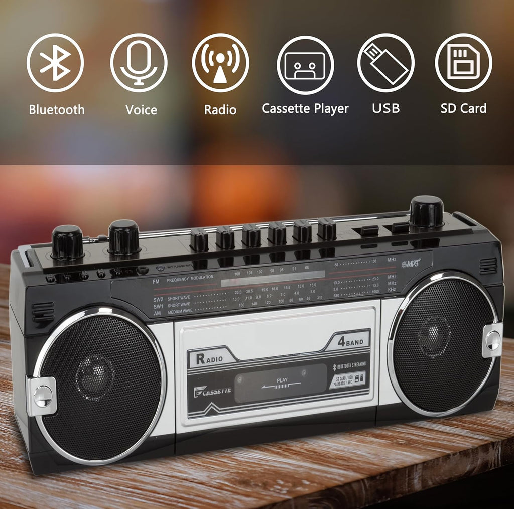 Retro Bluetooth Boombox with AM/FM Radio, Cassette to USB Converter, Black H746066