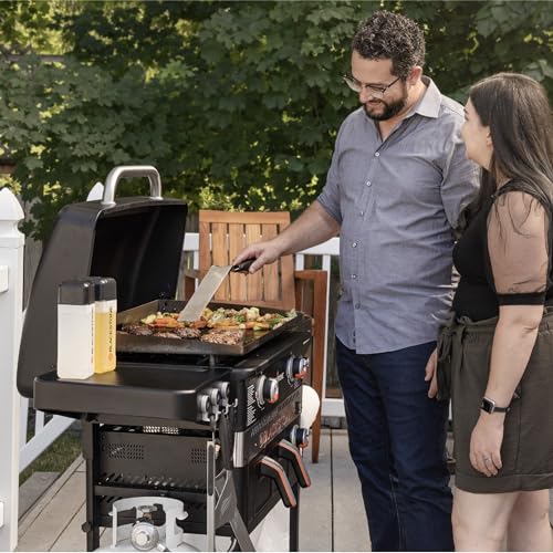 28 Inch Gas Griddle Station with Air Fryer Combo, Two Burners, Wheels and Side Shelves T6073