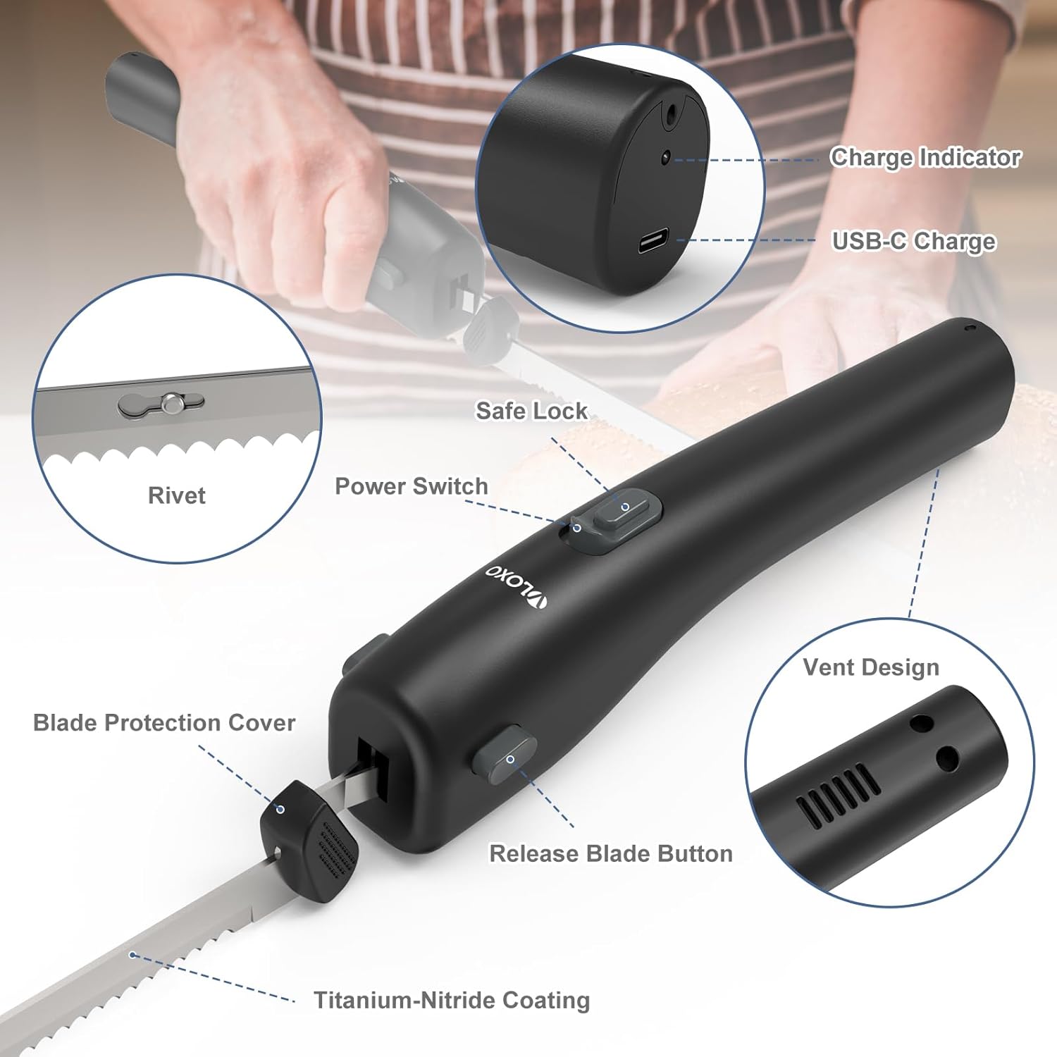 Cordless Electric Knife Rechargeable with Safety Lock and 2 Blades M315