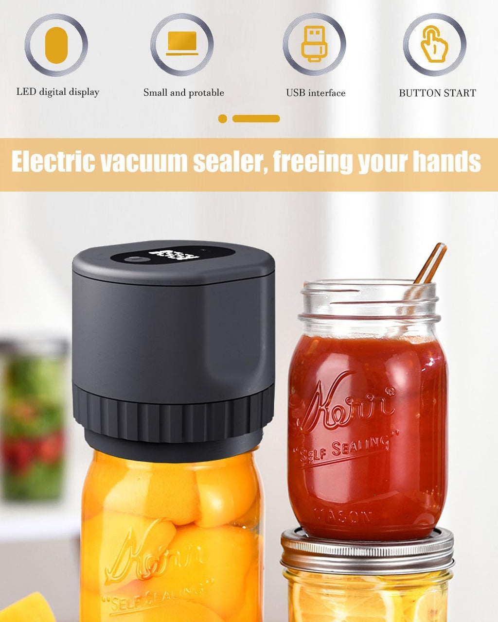 Electric Mason Jar Vacuum Sealer Kit with Wide and Regular Mouth Lids E9333