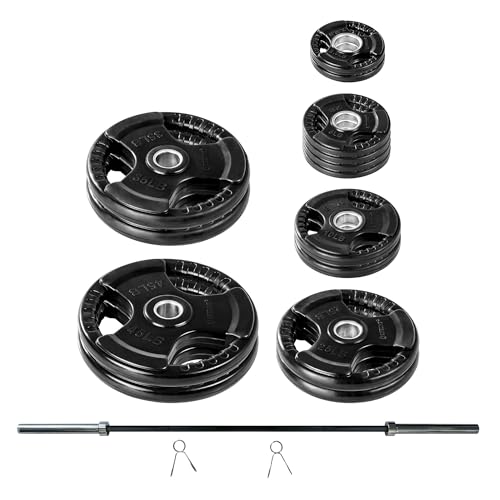 Olympic Weight Set With Bar - Commercial Grade, Rubber Coated Olympic Grip Weight Plates, Barbell, and Spring Clips - Perfect Home Gym Workout Set