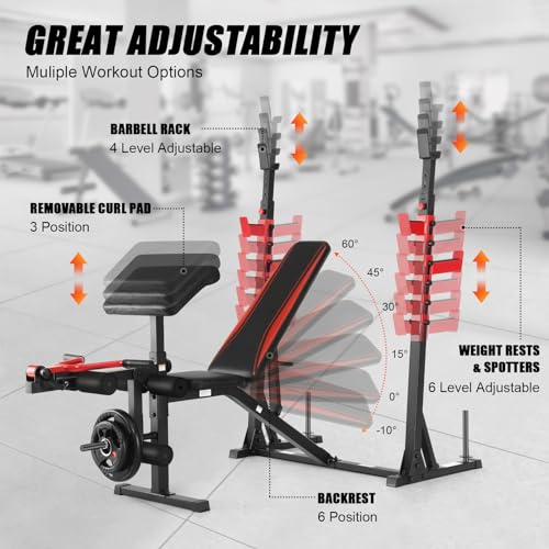 Adjustable Weight Bench with Squat Rack, Leg Extension and Preacher Curl Pad for Home Gym E89871